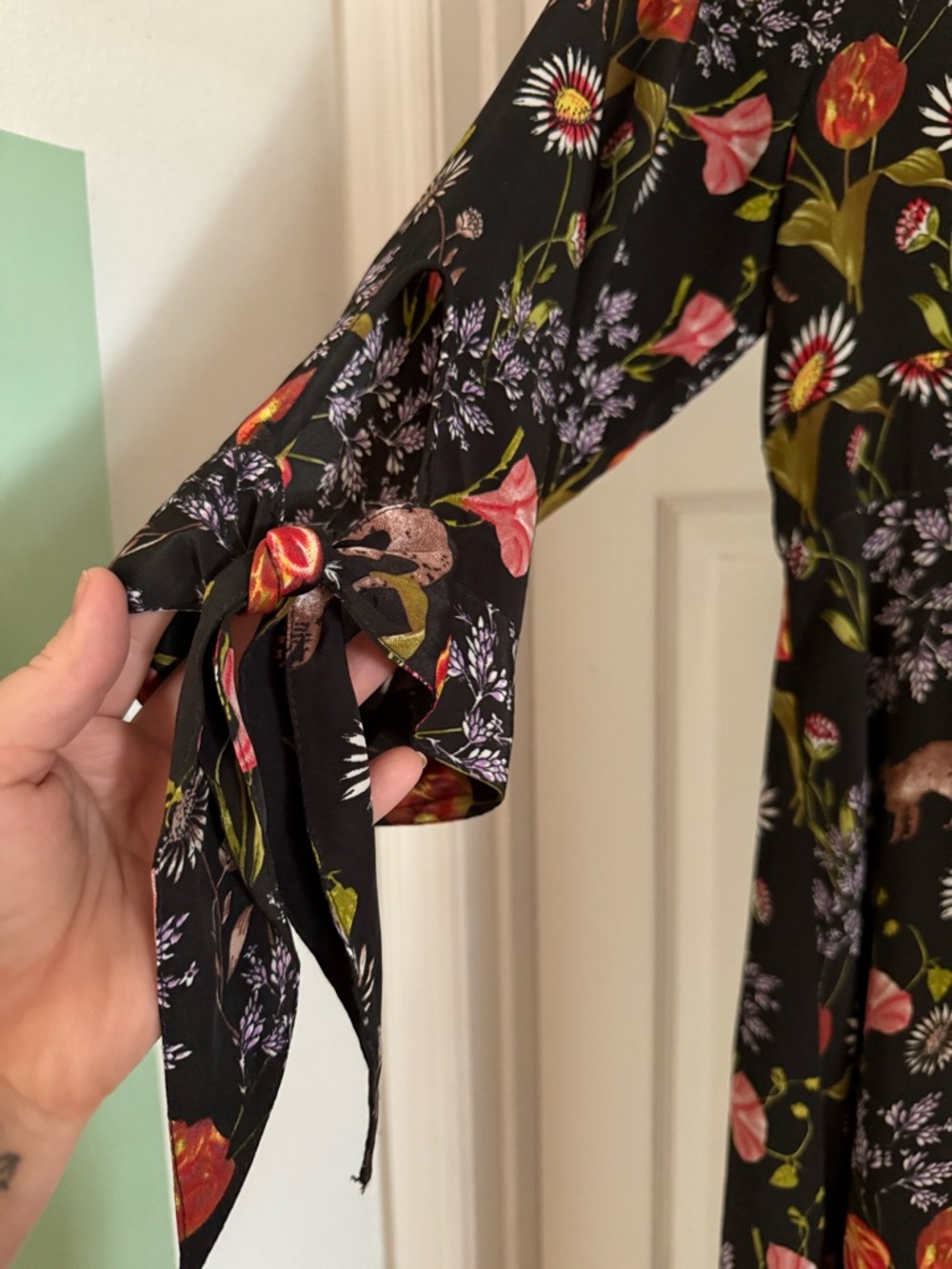 ASOS Black Floral Tie-Sleeve Midi Dress - Picture 3 of 11